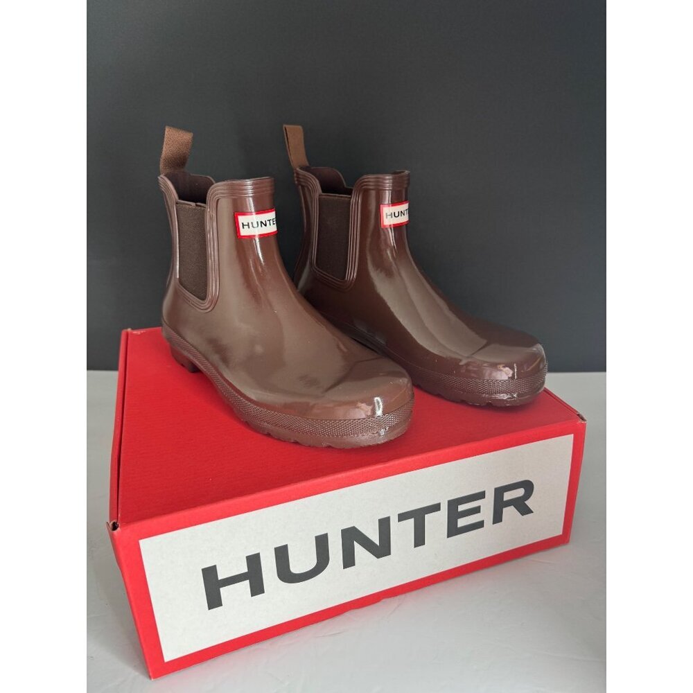 NWT Hunter Gloss Waterproof Chelsea Rain Boot Brown Bolt EU 42 US 10 UK 8 - Picture 2 of 6